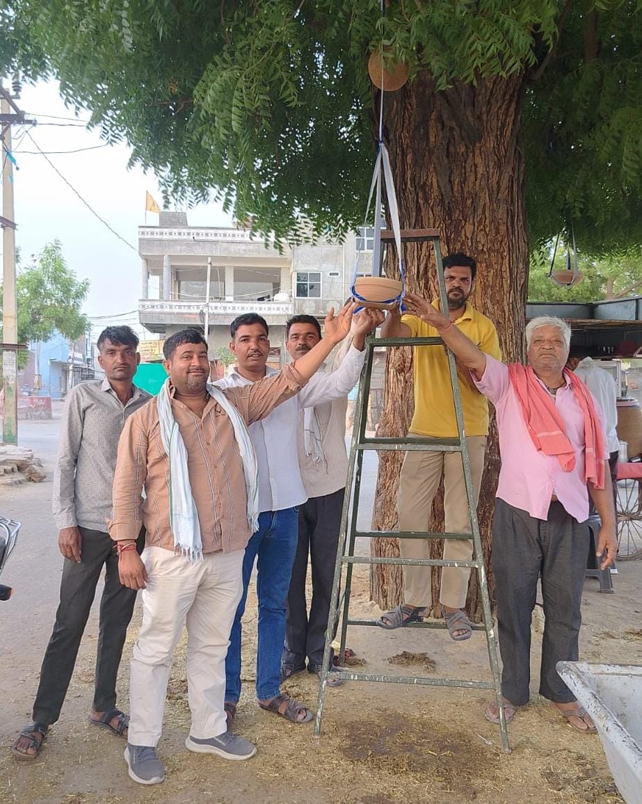 नोखा में भीषण गर्मी से बेहाल पक्षियों के लिए वार्डवासियों ने लगाए परिंडे व घोंसले