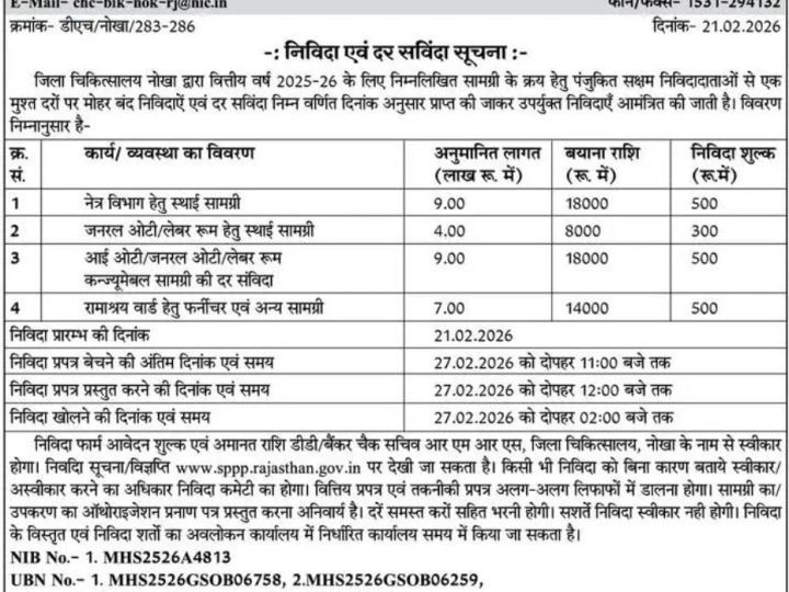 नोखा जिला चिकित्सालय ने जारी की निविदा सूचना: विभिन्न सामग्रियों की खरीद होगी, 27 फ़रवरी को खोली जाएगी निविदा