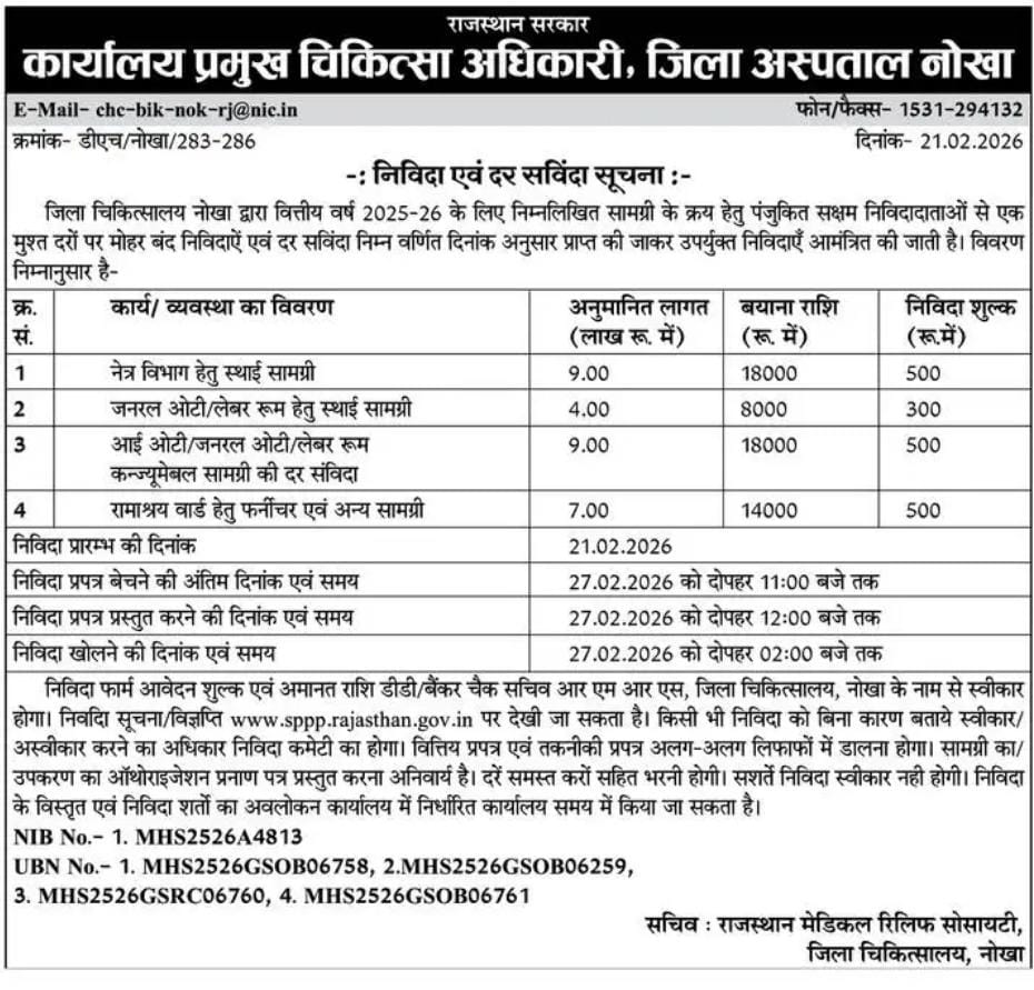 नोखा जिला चिकित्सालय ने जारी की निविदा सूचना: विभिन्न सामग्रियों की खरीद होगी, 27 फ़रवरी को खोली जाएगी निविदा